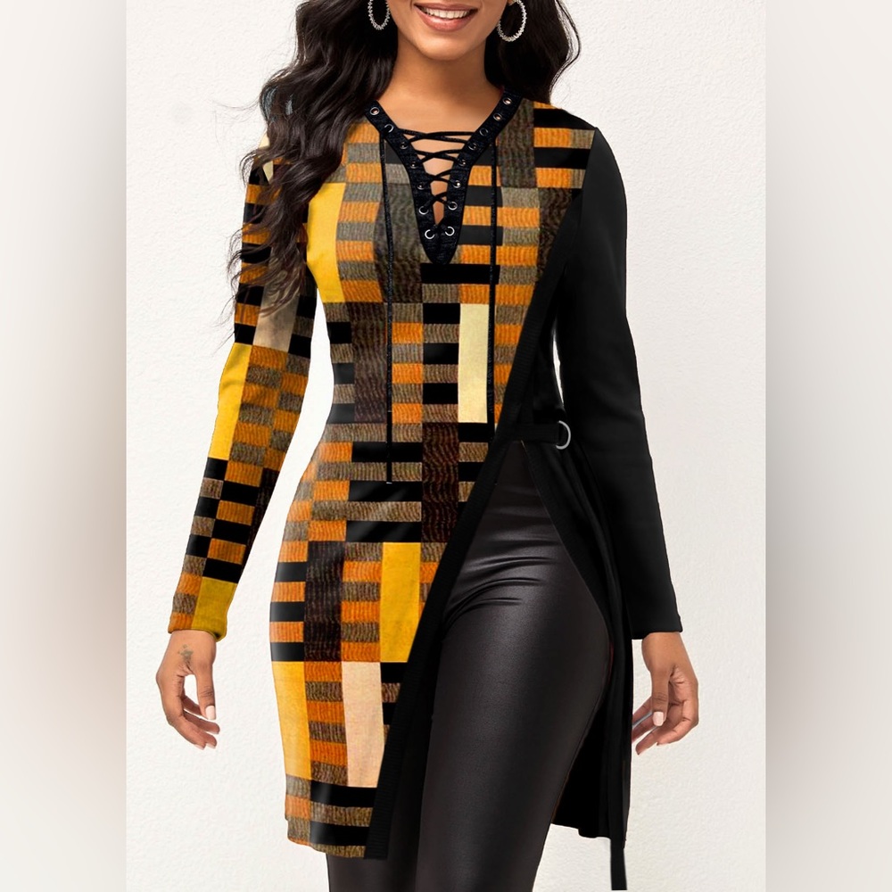 Geometric asymmetrical, autumn color, top cinched waist, hourglass